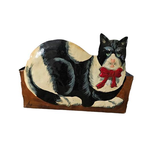 Vintage Hand Painted Signed Cat Metal Flower/ Utility Box Rustic Decor - Picture 1 of 6